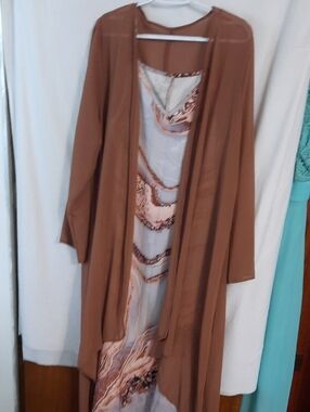 2-piece dress set - Brown Duster Cardigan with Printed Slip Dress - Size XXL
